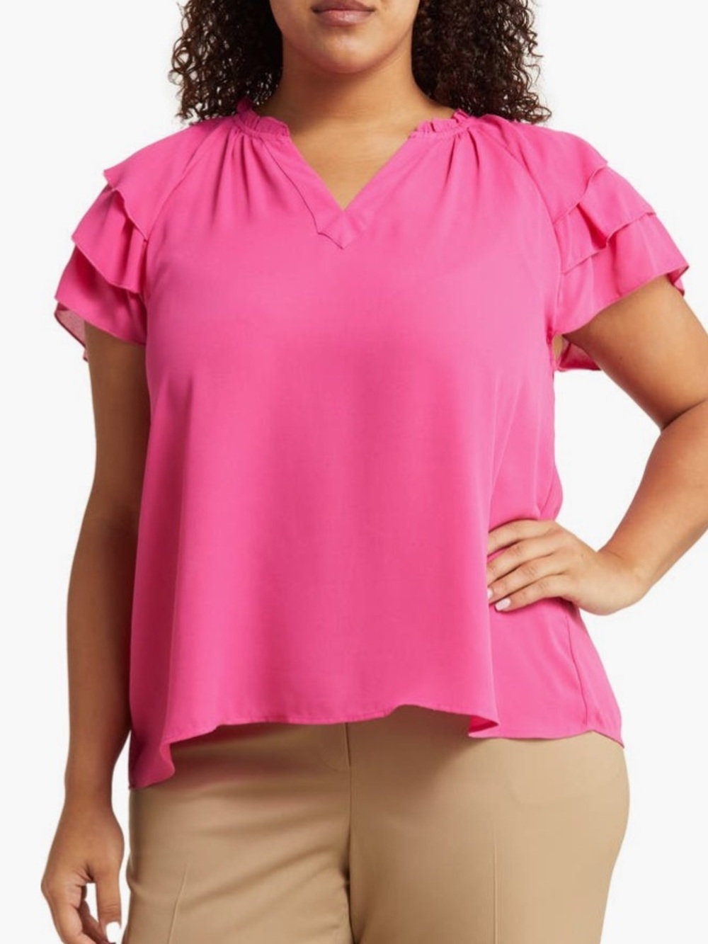 Nanette Lepore Hot Pink Ruffle Sleeve V-Neck Blouse